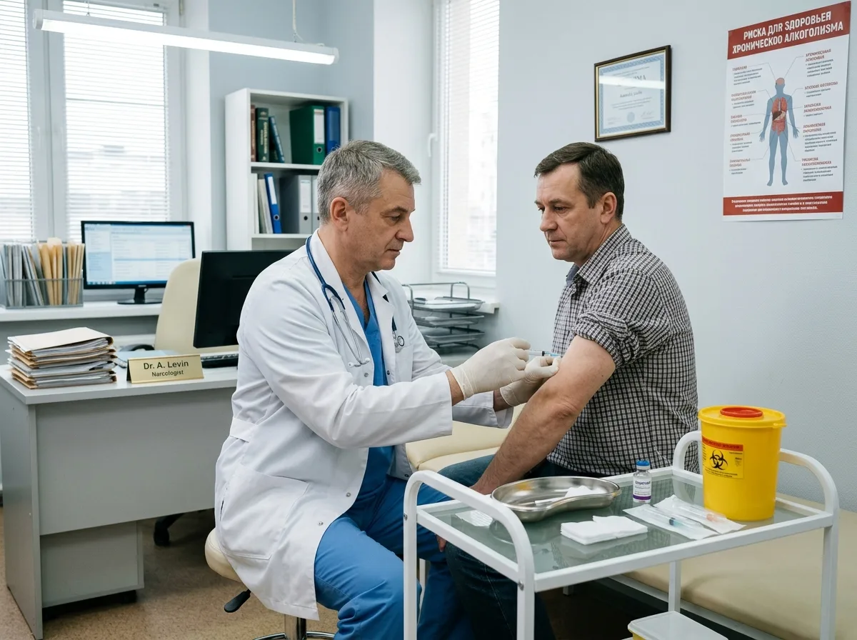 Кодирование от алкоголизма — врач-нарколог проводит процедуру пациенту, медицинский кабинет, профессиональная обстановка
