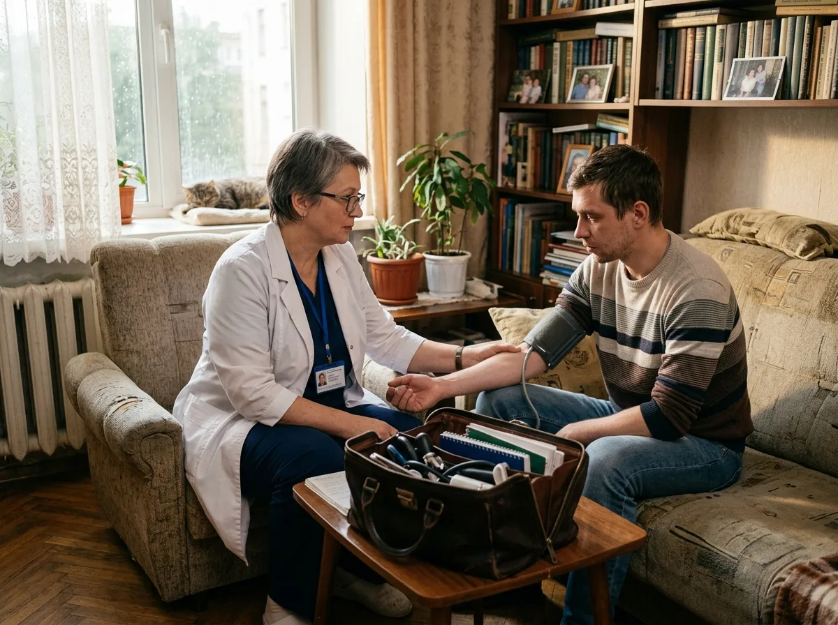 Нарколог на дому осматривает пациента в квартире, медицинский чемоданчик, профессиональный врач в форме
