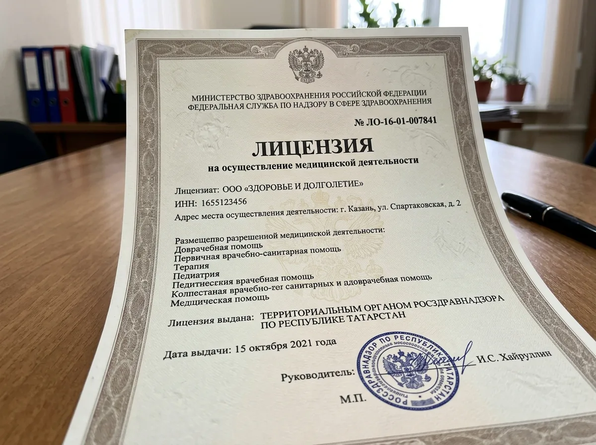 Лицензия на осуществление медицинской деятельности № ЛО-16-01-007841, выданная Росздравнадзором по Республике Татарстан, официальный документ с печатью и подписью