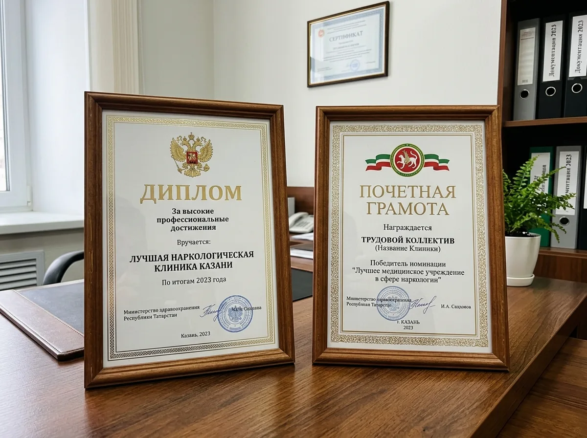 Диплом и грамота лучшей наркологической клиники Казани 2023 года, официальная награда медицинского учреждения